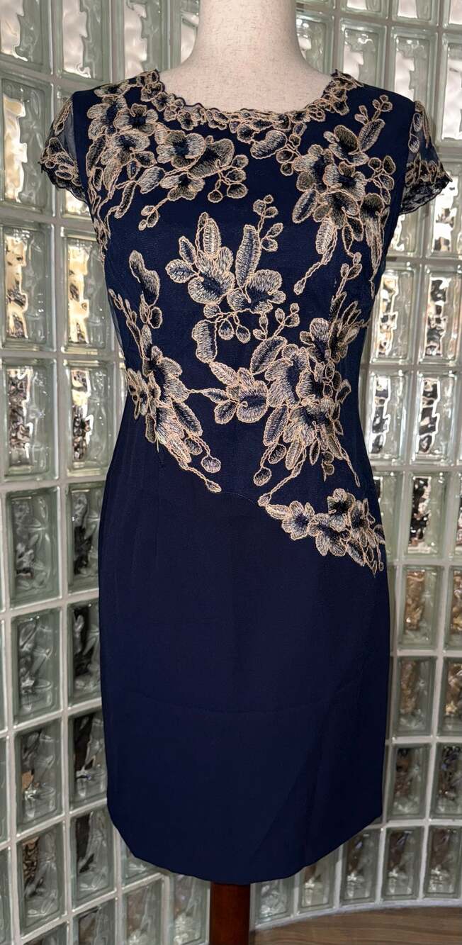 MARCOBOR blue/gold embroidered shift dress - size 6 - OC